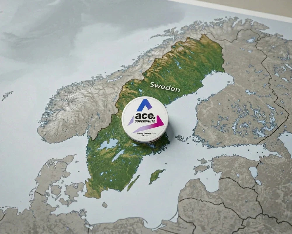 Mapa rzeźby terenu Skandynawii z puszką nikotynową Ace Superwhite leżącą na Szwecji