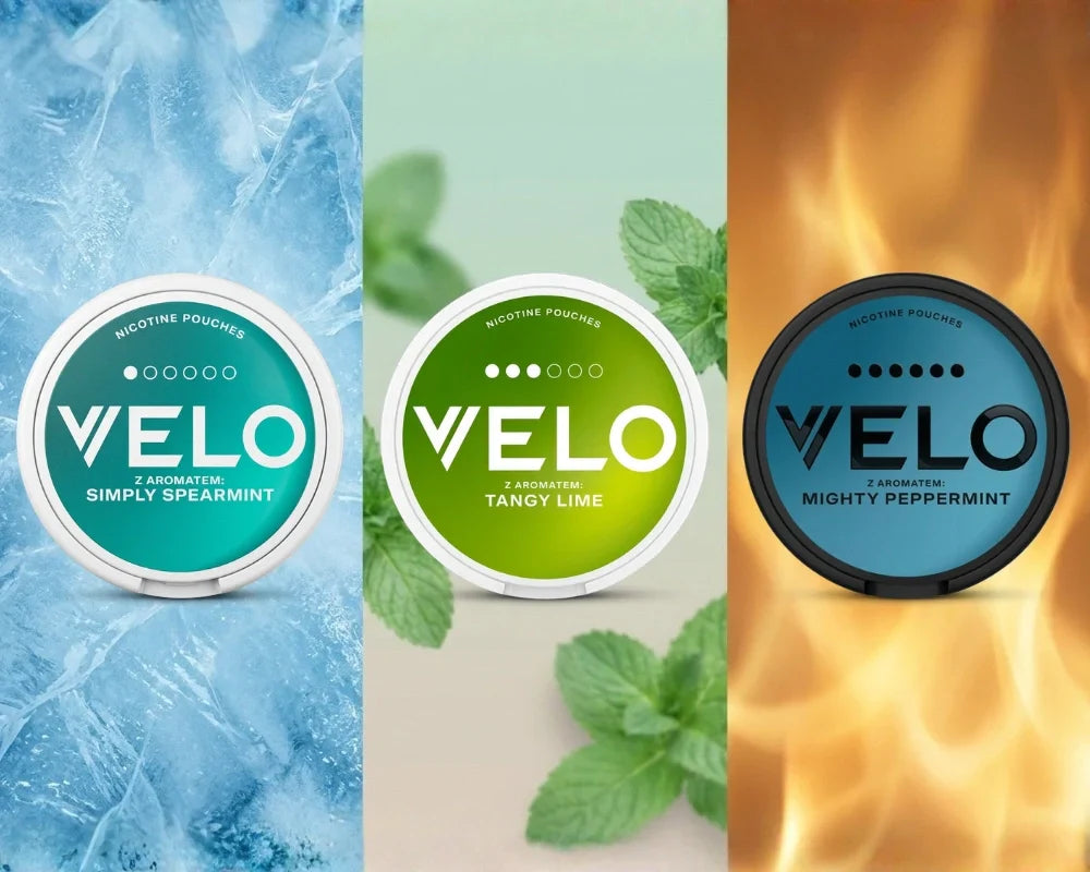 Trzy puszki VELO na tle lodu, liści mięty i płomieni, od Simply Spearmint do Mighty Peppermint