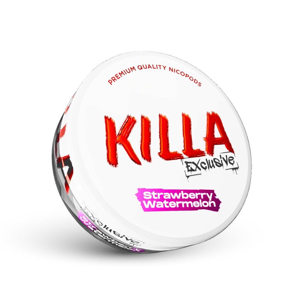 Killa Exclusive Nicotine Pouches Strawberry Watermelon białe opakowanie z czerwonymi i różowymi elementami