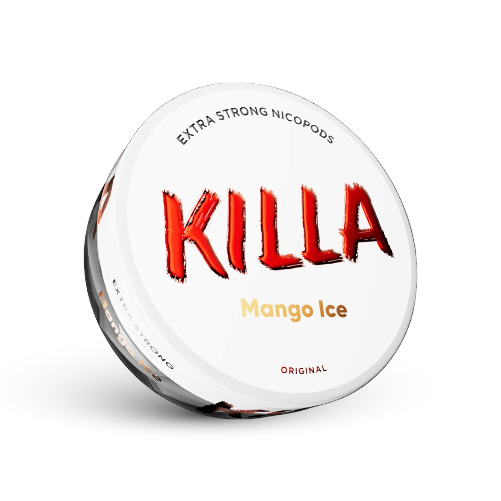 Killa Mango Ice Nicotine Pouches Extra Strong, 16 mg, Paczka z białym wzorem i czerwonym logo