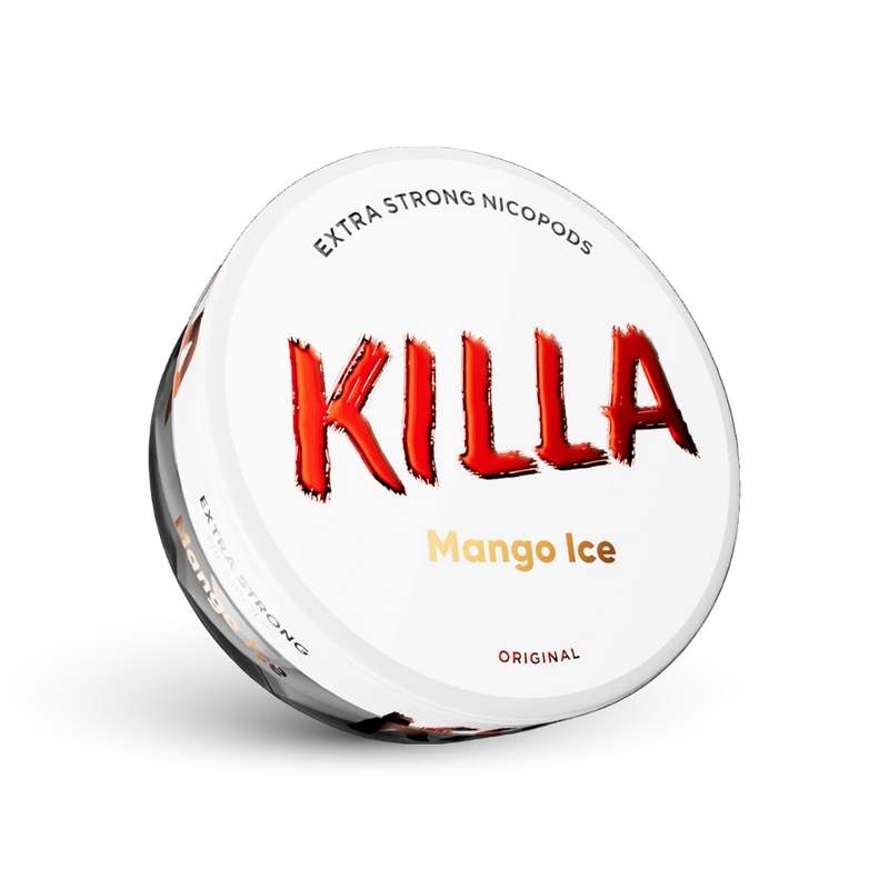 Killa Mango Ice Nicotine Pouches Extra Strong, 16 mg, Paczka z białym wzorem i czerwonym logo