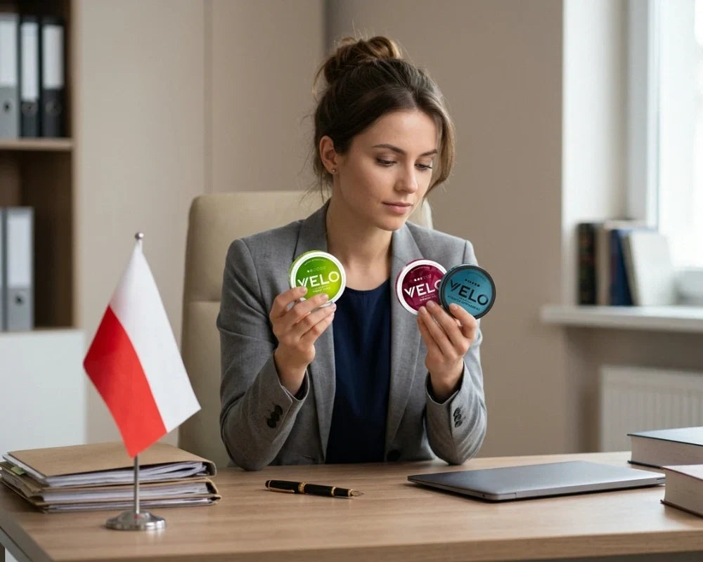 Kobieta przy biurku trzymająca dwie puszki woreczków nikotynowych VELO obok małej polskiej flagi