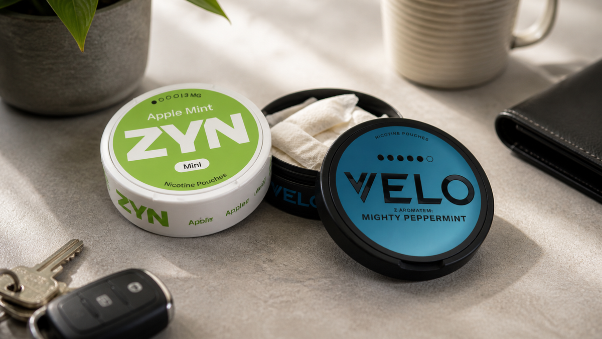 Puszka ZYN Apple Mint i puszka VELO Mighty Peppermint z otwartą puszką, kluczami do samochodu i portfelem na blacie roboczym