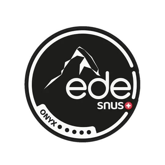 Logo Edel Snus Onyx z motywem górskim na czarnym tle, szwajcarska marka Snus
